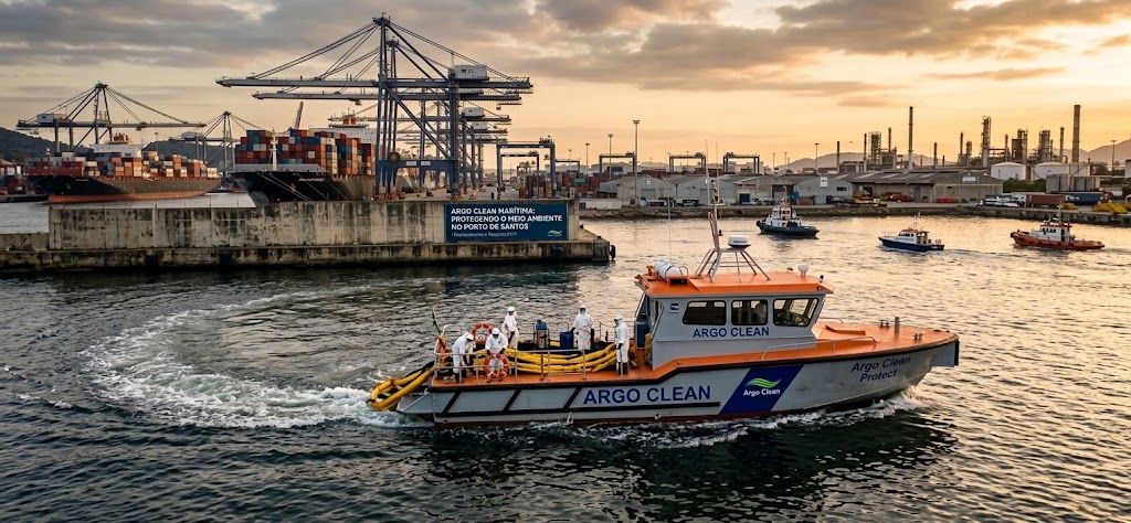 Embarcação da Argo Clean navegando ao entardecer em área portuária, retornando de uma operação de resposta ambiental